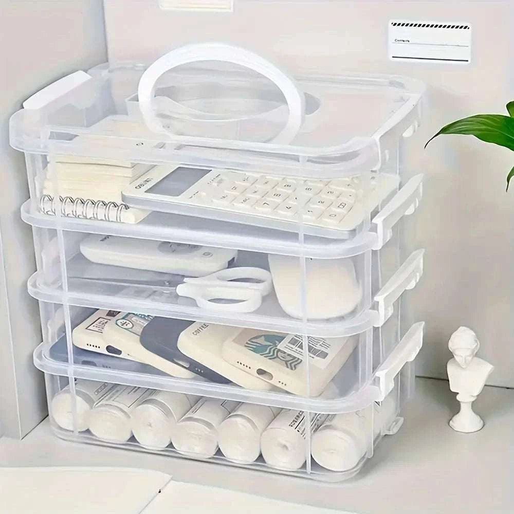4-layer Transparent Storage Box in clear plastic with four spacious tiers holding various household items neatly organized
