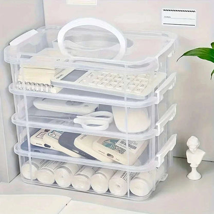 4-layer Transparent Storage Box in clear plastic with four spacious tiers holding various household items neatly organized