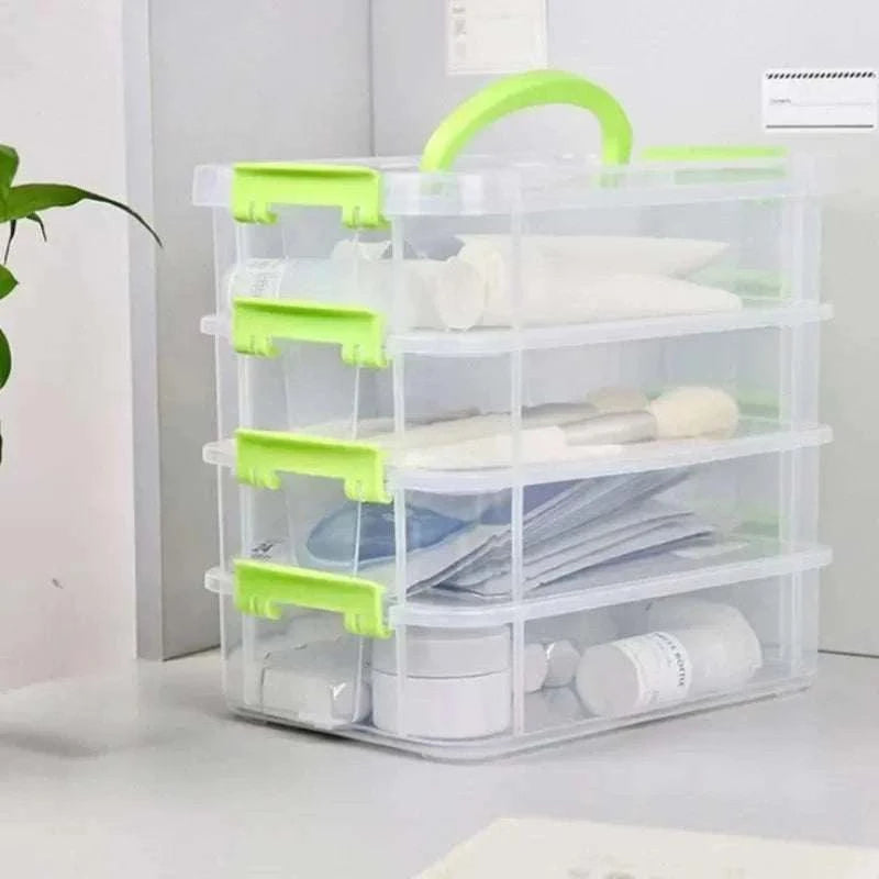 4-layer Transparent Storage Box with clear plastic drawers and green handles, containing cosmetics and stationery items