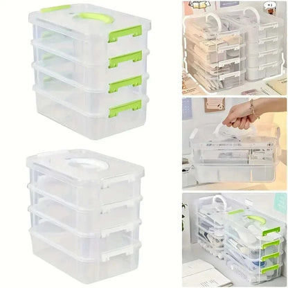 4-layer Transparent Storage Box with clear plastic material and green accents on handles, featuring a stackable multi-tier design