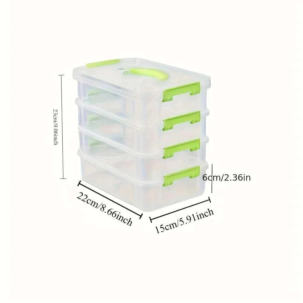4-layer Transparent Storage Box made of clear plastic with green locking handles and four spacious drawers for organizing small items