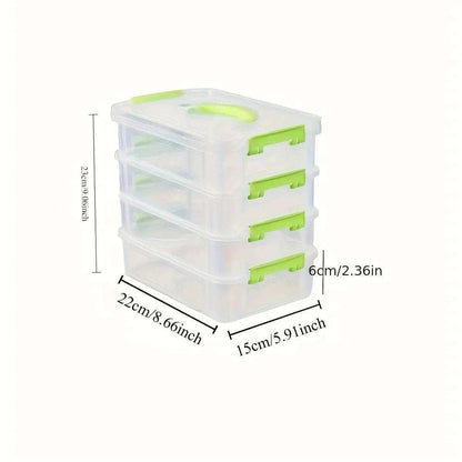 4-layer Transparent Storage Box made of clear plastic with green locking handles and four spacious drawers for organizing small items