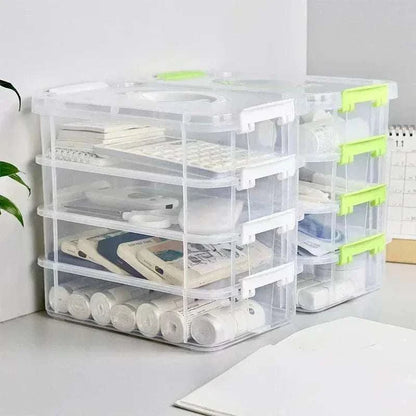 4-layer Transparent Storage Box made of clear plastic with green and white locking clips, organized with various small items inside