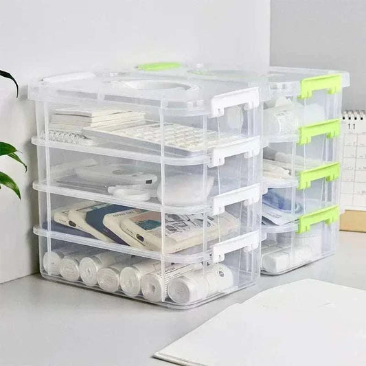 4-layer Transparent Storage Box made of clear plastic with green and white locking clips, organized with various small items inside