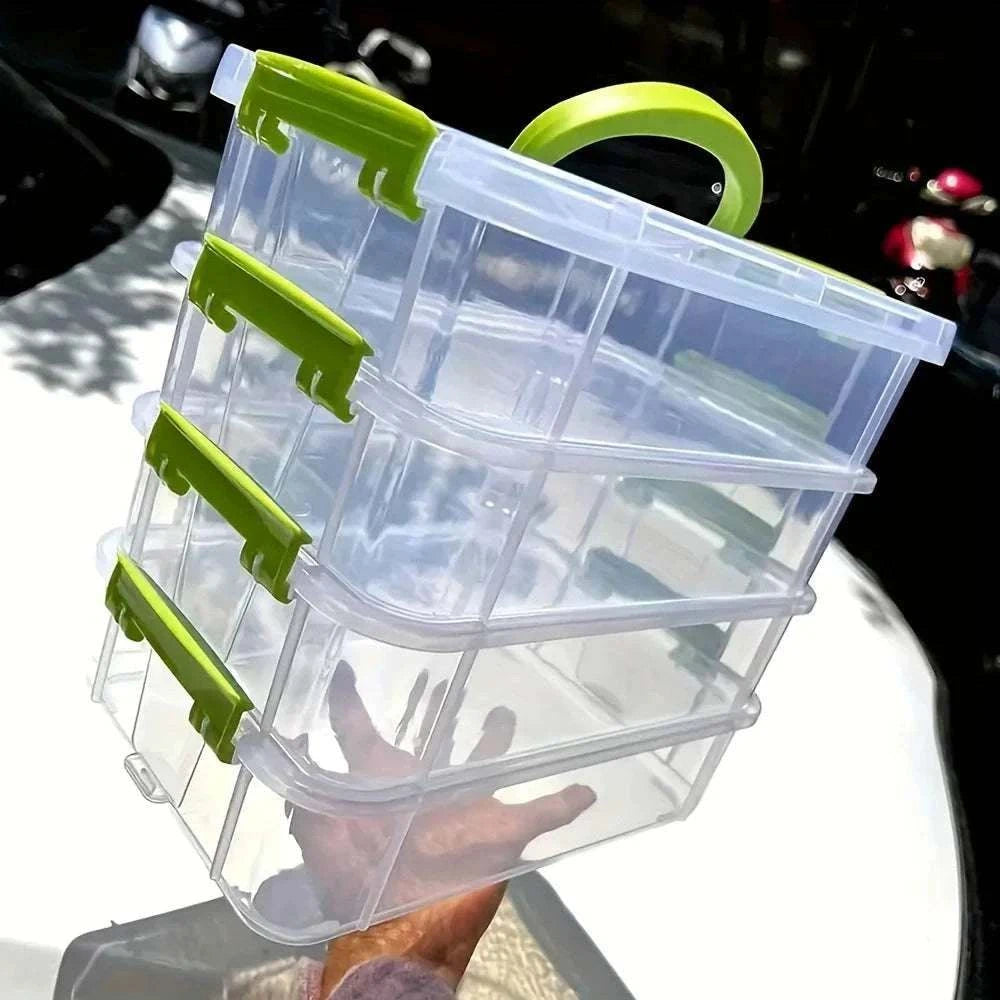 4-layer Transparent Storage Box made of clear plastic with lime green clasps and handle, featuring four stackable compartments