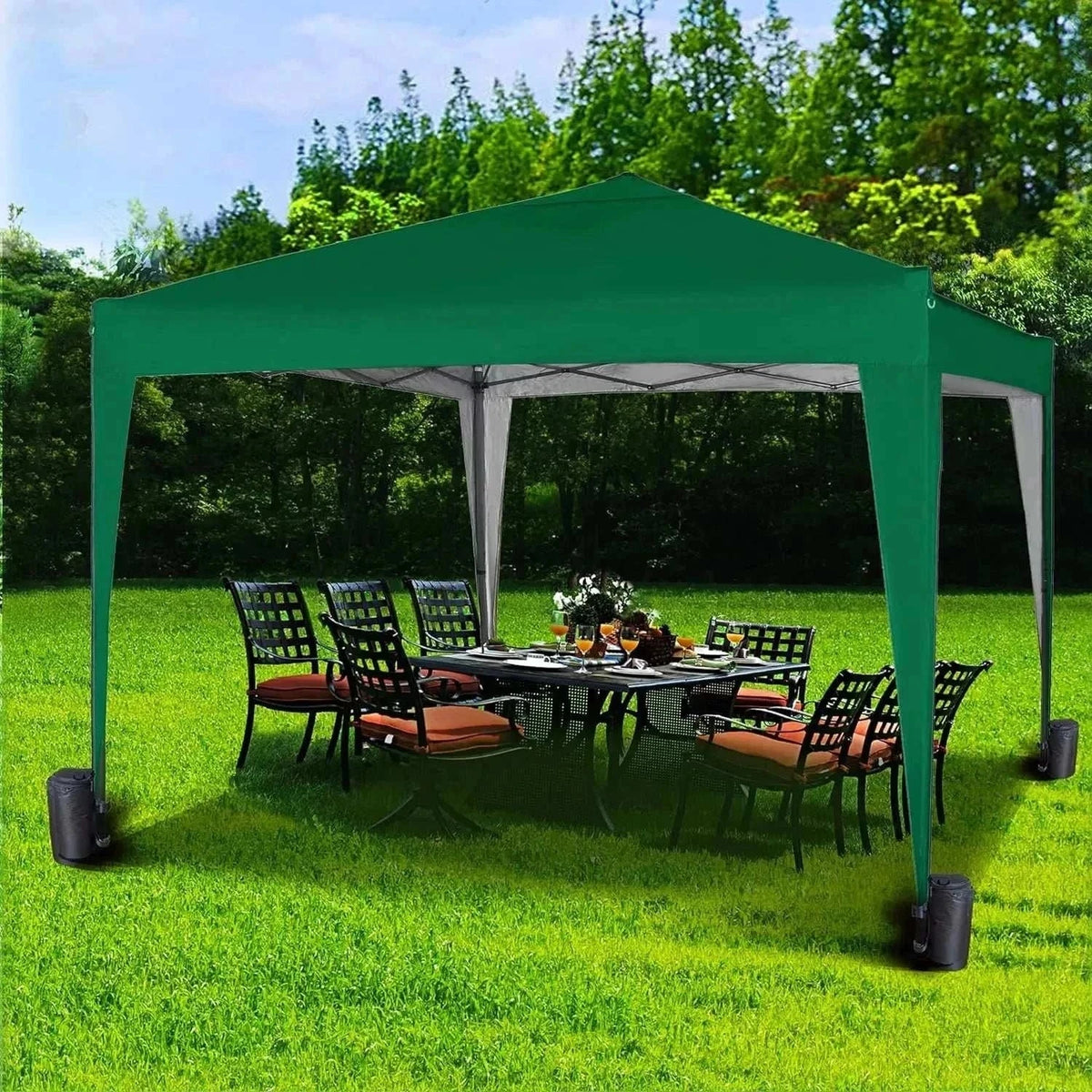 Waterproof Garden Canopy in dark green with metal frame and open sides, providing shaded outdoor seating over a garden table set.