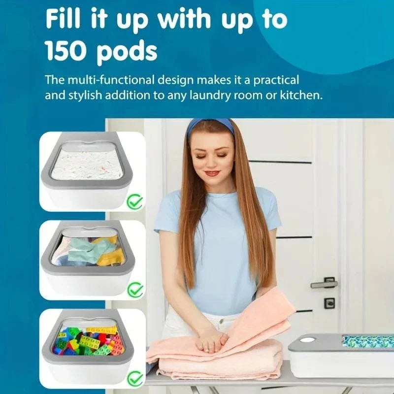 Laundry Pod Container in white and gray plastic with sliding lid, compact rectangular design for storage up to 150 pods.