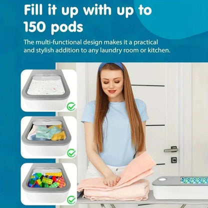 Laundry Pod Container in white and gray plastic with sliding lid, compact rectangular design for storage up to 150 pods.
