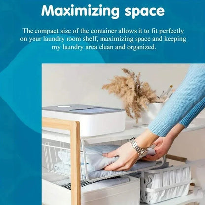 White plastic Laundry Pod Container with a sliding grey lid, compact and designed for organized laundry storage.