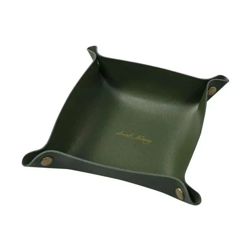 Nordic Leather Desk Tray in dark green leather with brass button corners and elegant gold embossing in the center