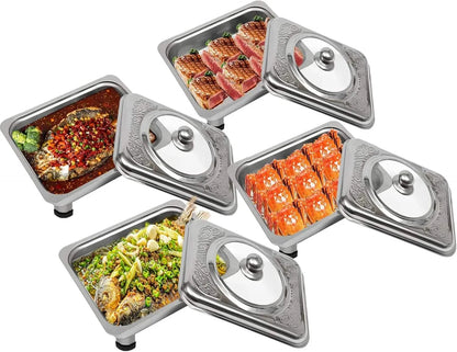 Stainless Steel Buffet Dish Set with polished silver finish, embossed lids, rectangular pans filled with fish, steak, and shrimp dishes for serving.