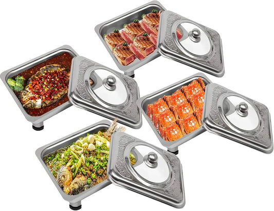 Stainless Steel Buffet Dish Set with polished silver finish, embossed lids, rectangular pans filled with fish, steak, and shrimp dishes for serving.