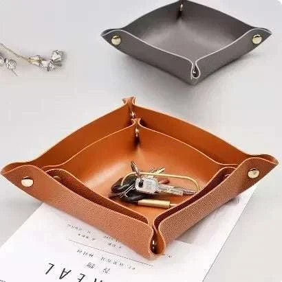Nordic Leather Desk Tray in brown and gray leather with stitched edges and snap buttons for organizing keys and small items.