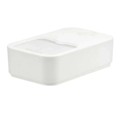 Laundry Pod Container in white plastic with a rectangular shape and a sliding lid for easy access and storage.