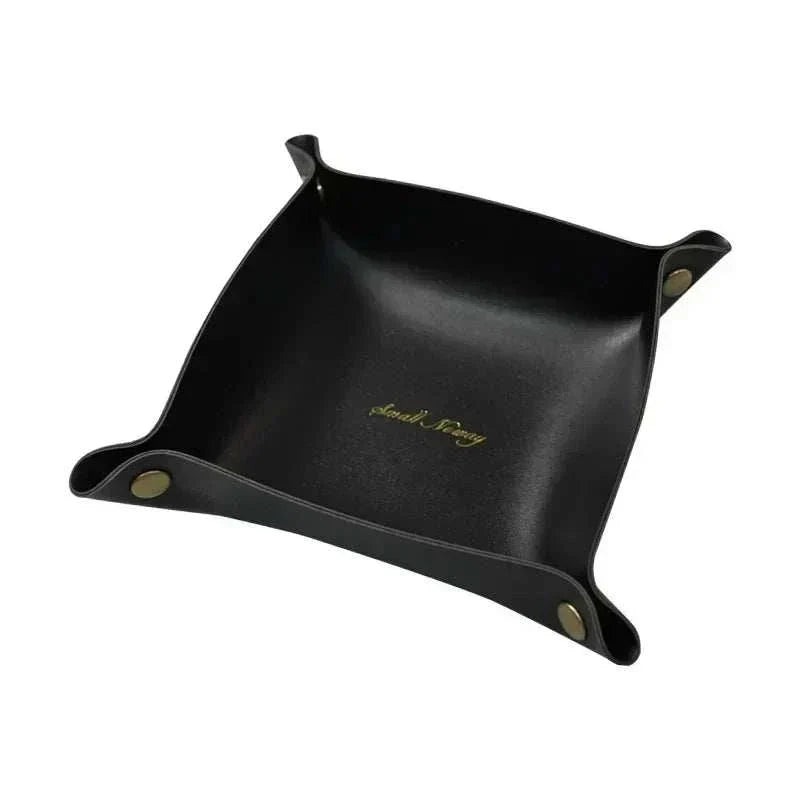 Nordic Leather Desk Tray in black faux leather with gold corner snaps and gold embossed logo in minimalist design
