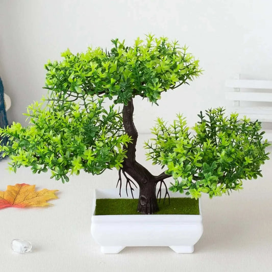 Artificial Plant Bonsai with bright green plastic leaves and a dark brown textured trunk in a white rectangular pot with green moss base.