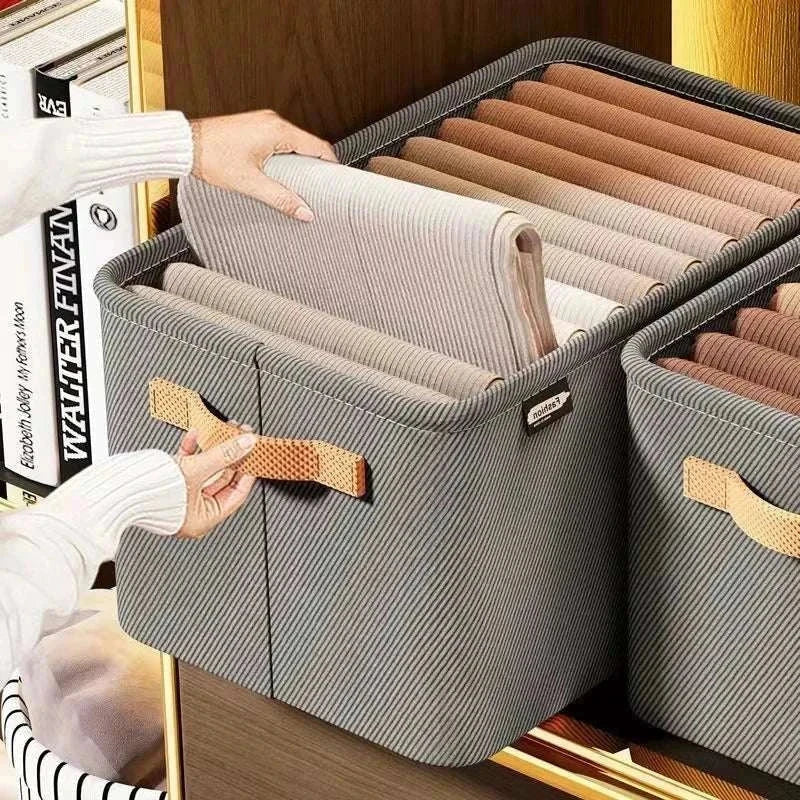 Thicken Clothes Organizer storage box in grey fabric with beige handles, designed for neatly folded clothing and fabric storage.