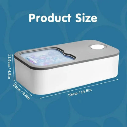 Laundry Pod Container in white plastic with a gray sliding lid and transparent window showing detergent pods inside.