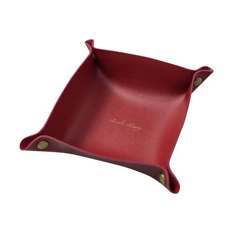 Nordic Leather Desk Tray in deep red leather with stitched edges and gold-tone snap buttons on corners