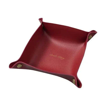 Nordic Leather Desk Tray in deep red leather with stitched edges and gold-tone snap buttons on corners