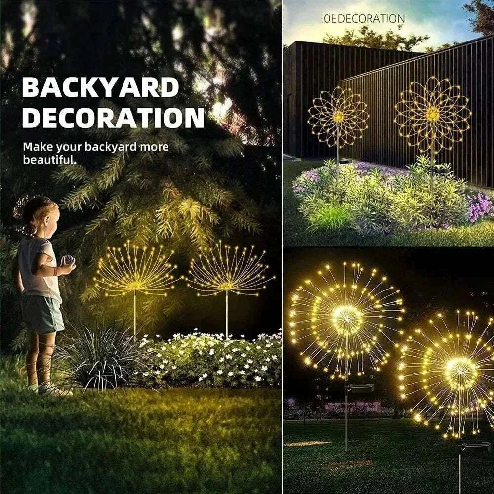 Dandelion Firework Lights glowing warm yellow in garden setting, decorative metal flower shapes illuminating outdoor space