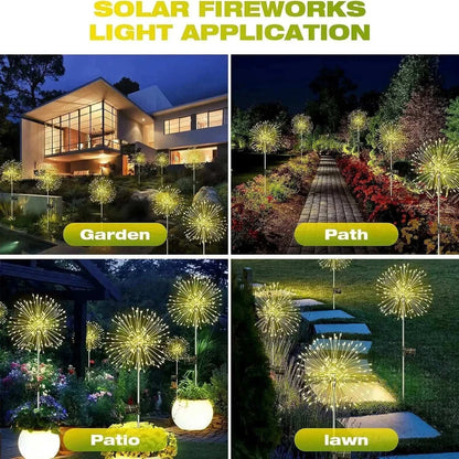 Dandelion Firework Lights glowing in warm yellow tones decorate outdoor garden, path, patio, and lawn areas creating a magical nighttime ambiance