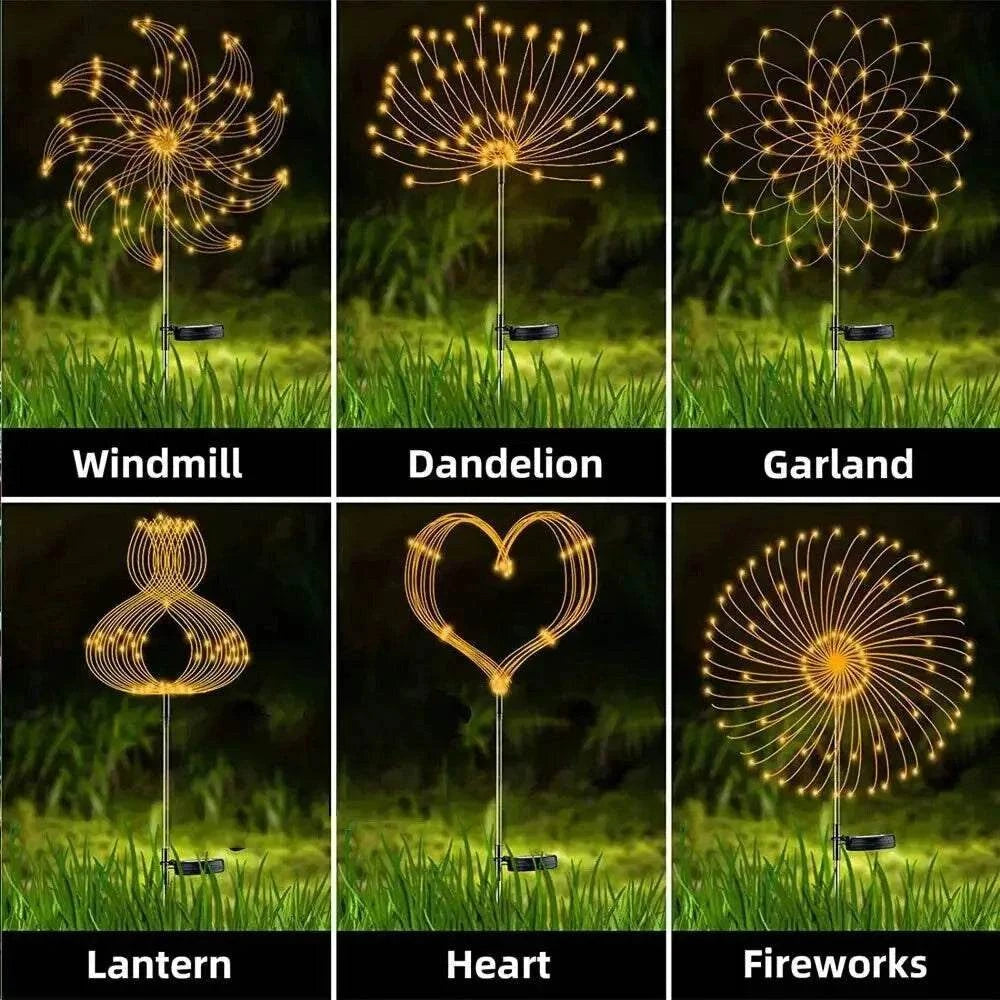 Dandelion Firework Lights decorative garden stakes in warm yellow LED, featuring shapes including dandelion, windmill, garland, lantern, heart, and fireworks designs