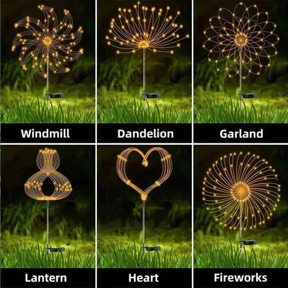 Dandelion Firework Lights decorative garden stakes in warm yellow LED, featuring shapes including dandelion, windmill, garland, lantern, heart, and fireworks designs