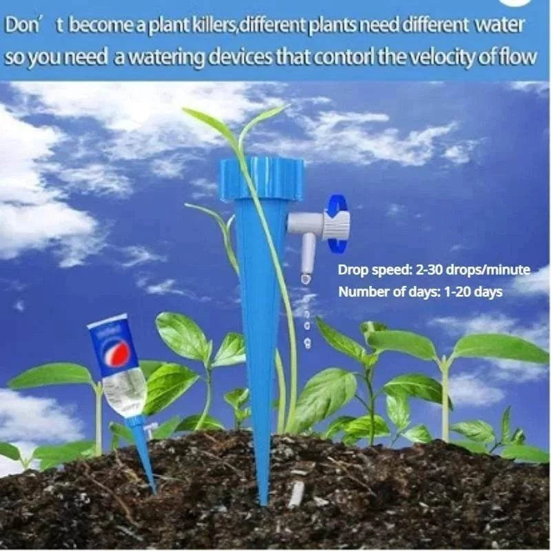 Flower Adjustable Drip Tool in blue plastic with a valve for controlling water flow inserted in soil among green plants for gradual watering