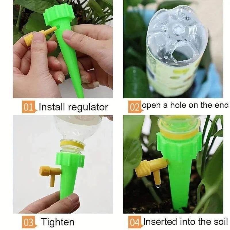 Flower Adjustable Drip Tool in bright green plastic with yellow adjustable valve, shown in installation steps in soil and bottle