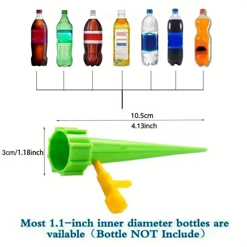 Flower Adjustable Drip Tool in bright green and yellow plastic with adjustable valve, measuring 10.5cm length and 3cm diameter for bottle attachment