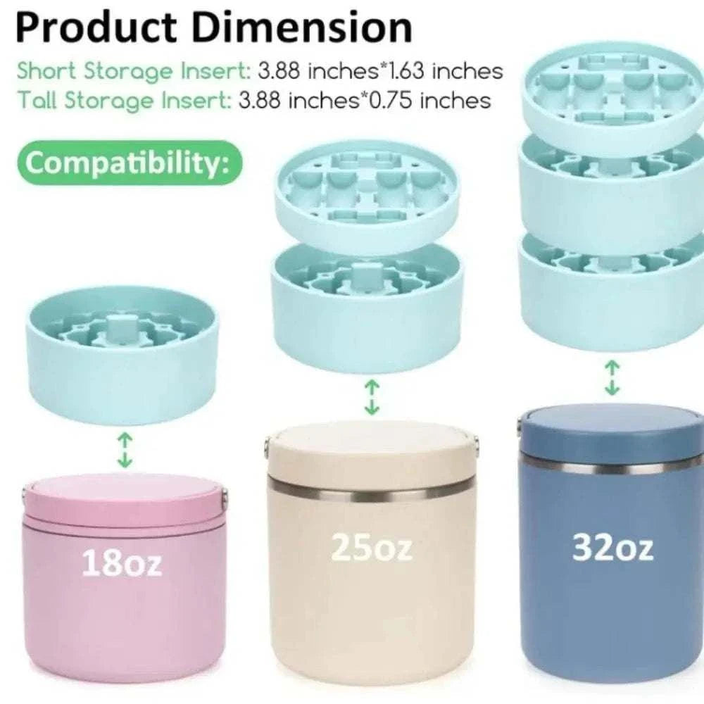 Leak-Proof Jar Storage Insert set in pastel blue, designed to fit 18oz, 25oz, and 32oz food jars with adaptable short and tall sizes