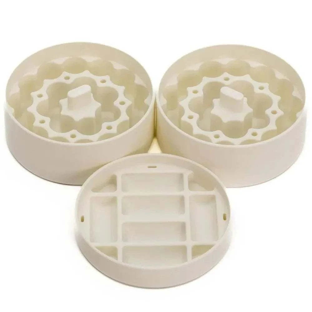 Leak-Proof Jar Storage Insert in beige with multiple round compartments and a central knob for organizing small containers efficiently