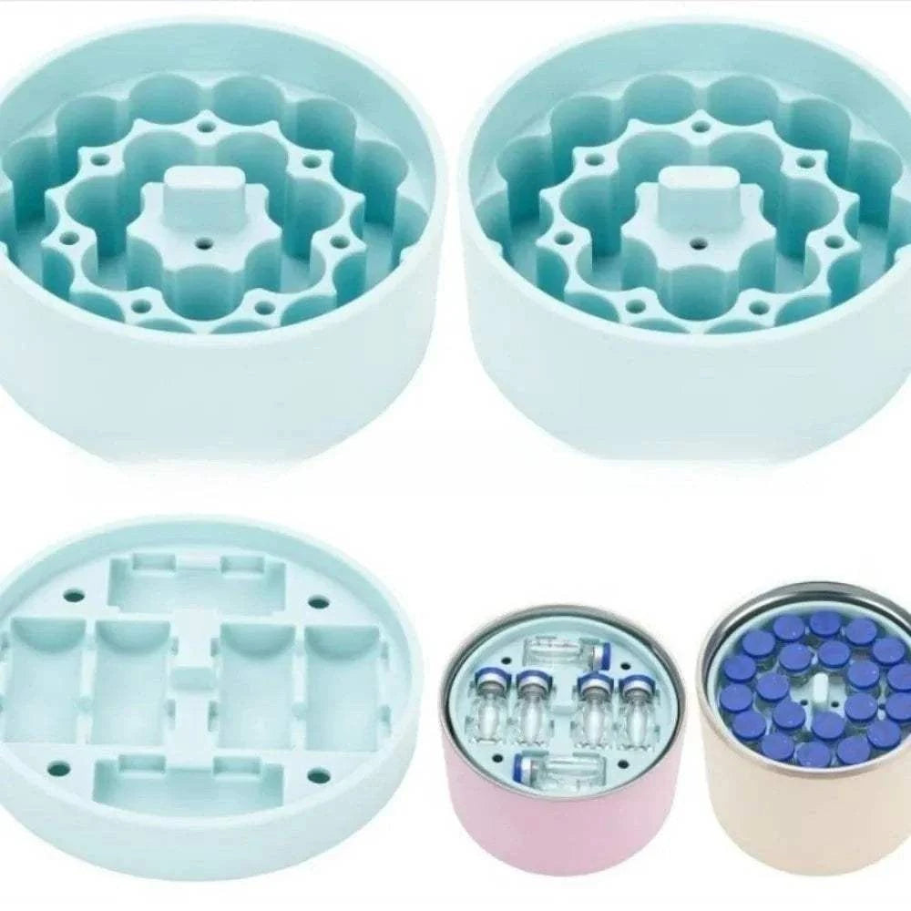 Leak-Proof Jar Storage Insert in light blue plastic with multiple compartment shapes for organizing small containers and vials