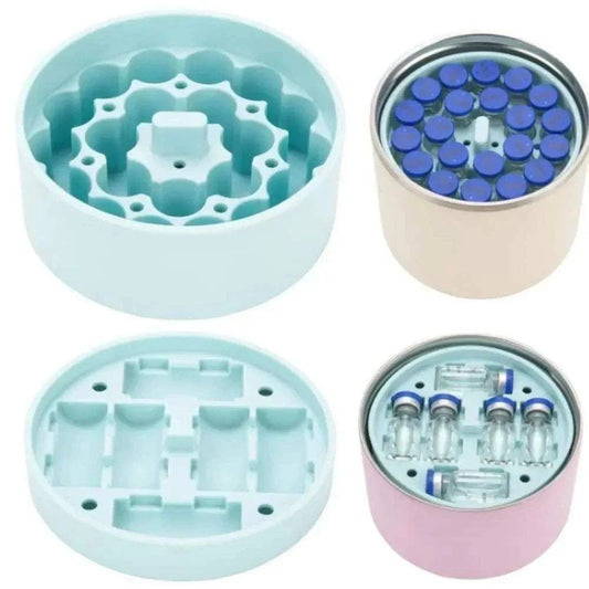 Leak-Proof Jar Storage Insert in light blue plastic with multiple compartments for organizing small vials and containers securely