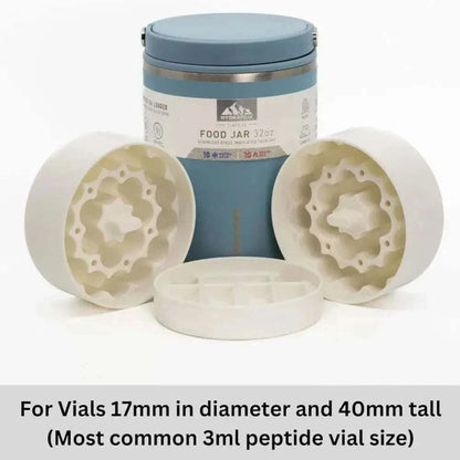Leak-Proof Jar Storage Insert comprising white plastic compartments designed for organizing 17mm vial jars alongside a blue 32oz food jar container
