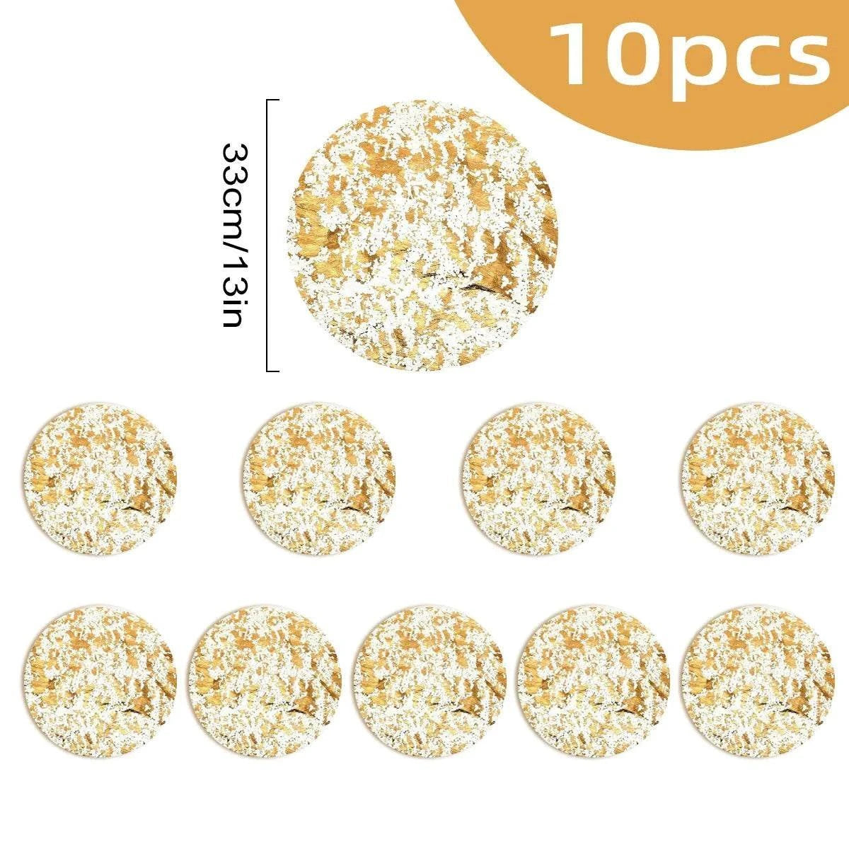 Leeseph Disposable Gold Placemats Set featuring ten round, gold placemats with white floral patterns measuring 33cm diameter