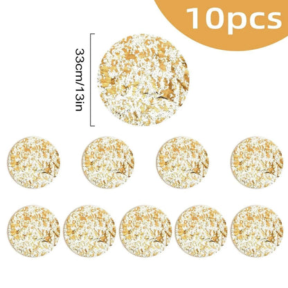 Leeseph Disposable Gold Placemats Set featuring ten round, gold placemats with white floral patterns measuring 33cm diameter