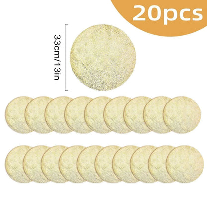 Leeseph Disposable Gold Placemats Set featuring 20 round gold-tone placemats with subtle speckled texture, 33cm diameter each