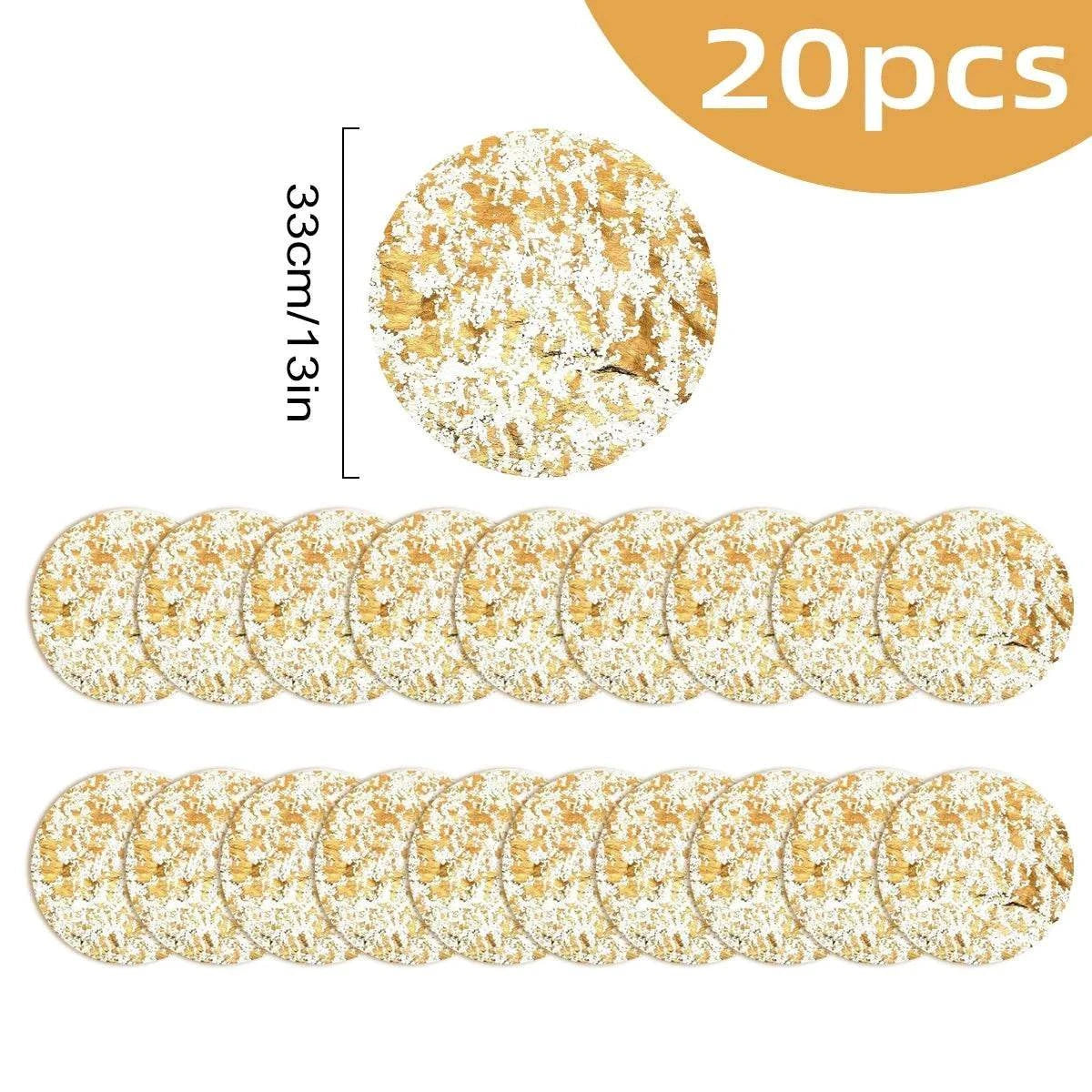 Leeseph Disposable Gold Placemats Set with 20 round gold placemats featuring a shiny metallic finish and 33cm diameter each
