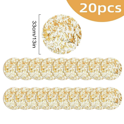 Leeseph Disposable Gold Placemats Set with 20 round gold placemats featuring a shiny metallic finish and 33cm diameter each