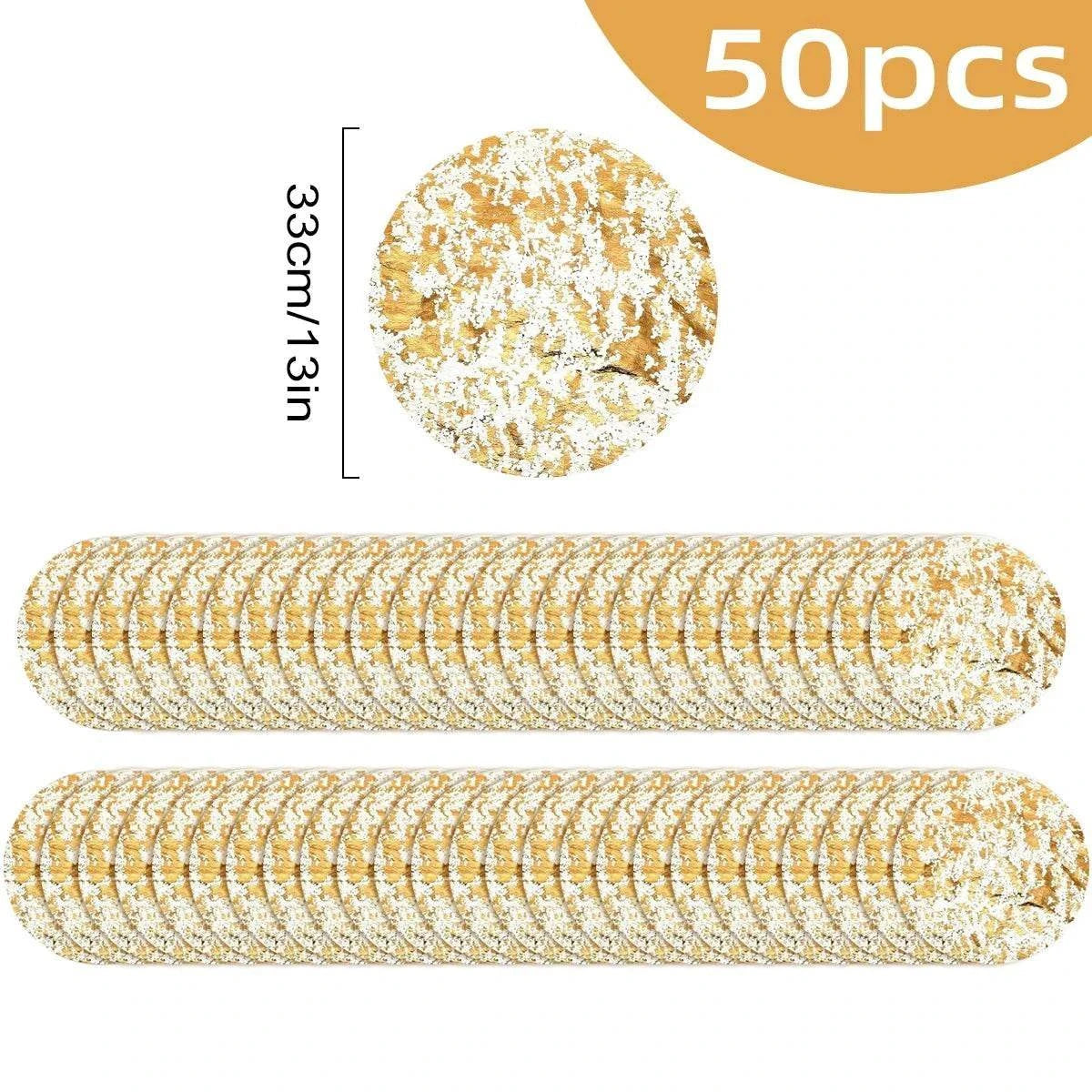 Leeseph Disposable Gold Placemats Set with 50 round gold placemats measuring 33cm each, featuring a reflective shimmering finish