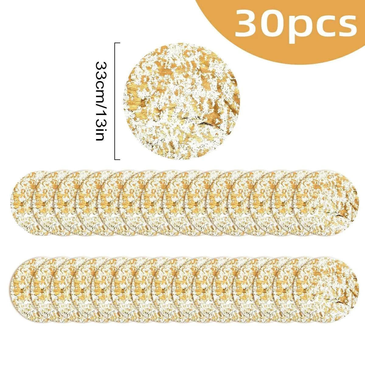 Leeseph Disposable Gold Placemats Set with 30 round gold placemats featuring a glittery decorative pattern, 33cm diameter each