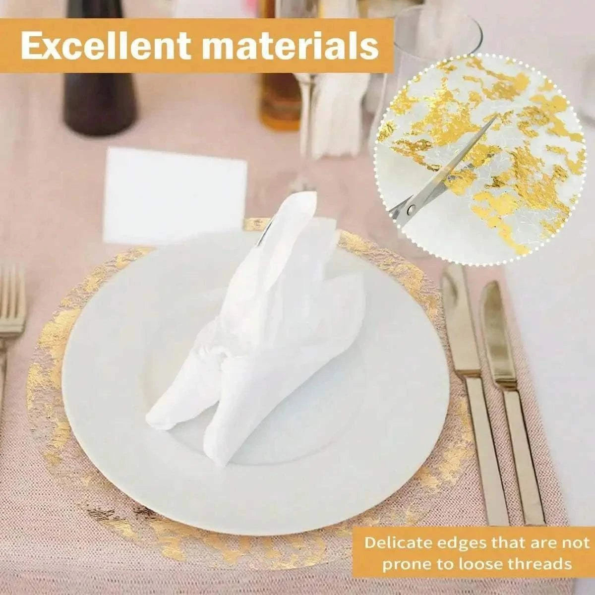Leeseph Disposable Gold Placemats Set featuring elegant gold foil pattern with delicate edges under white plate and napkin on table