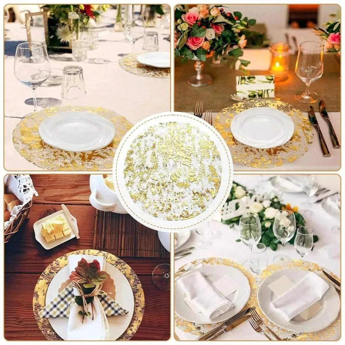 Leeseph Disposable Gold Placemats Set with elegant golden floral pattern, used under white plates and glassware, enhancing table settings