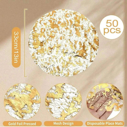 Leeseph Disposable Gold Placemats Set featuring round, gold foil pressed and mesh design patterns in a 33cm diameter disposable placemat