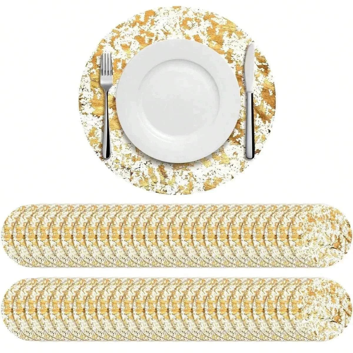 Leeseph Disposable Gold Placemats Set featuring round placemats with elegant gold and white textured pattern under white plate and silver cutlery