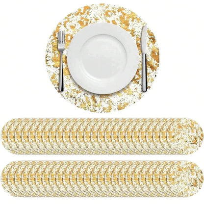 Leeseph Disposable Gold Placemats Set featuring round placemats with elegant gold and white textured pattern under white plate and silver cutlery