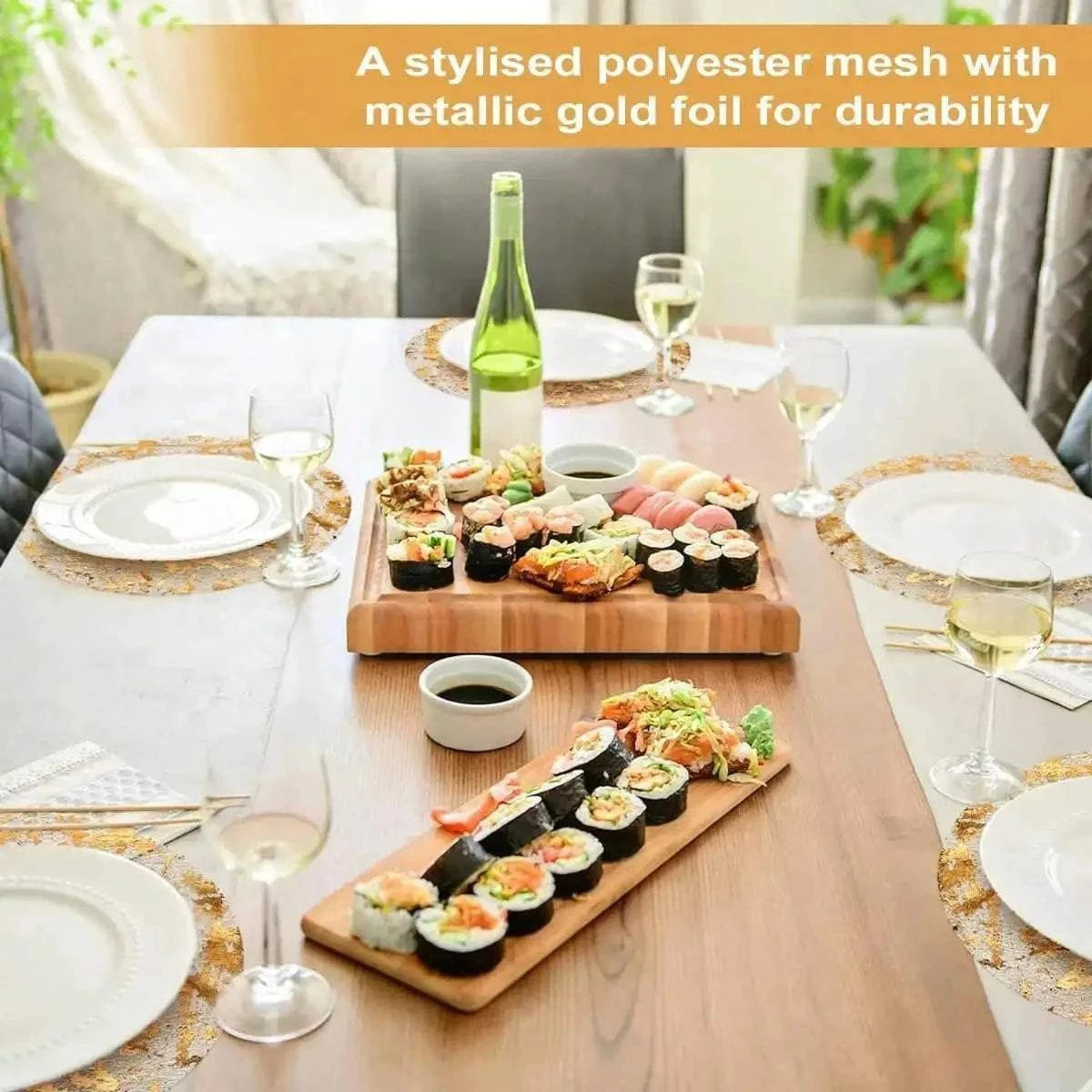 Leeseph Disposable Gold Placemats Set featuring round metallic gold placemats with an intricate pattern enhancing a modern dining table set with plates and sushi