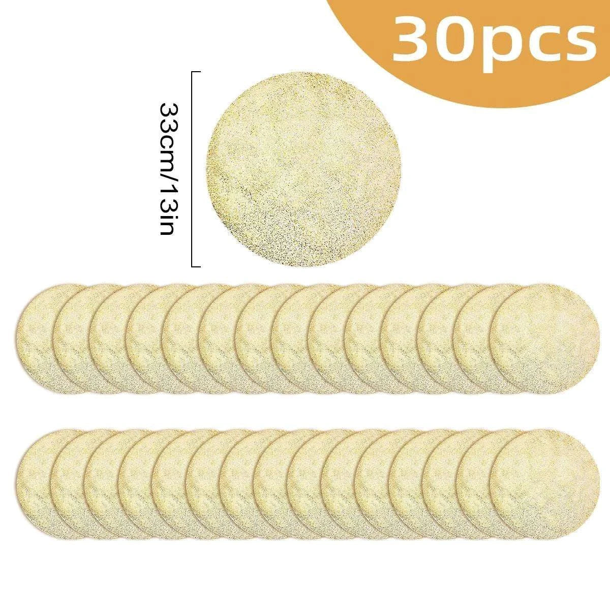 Leeseph Disposable Gold Placemats Set featuring 30 round, textured, shiny gold placemats measuring 33 cm diameter
